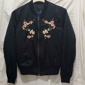 American eagle satin embroidered bomber jacket size petite small,  black